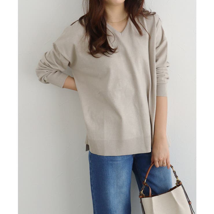 グレージュ | ネックが選べるコットンミックスオーバーニット ニット 綿混 | Pierrot