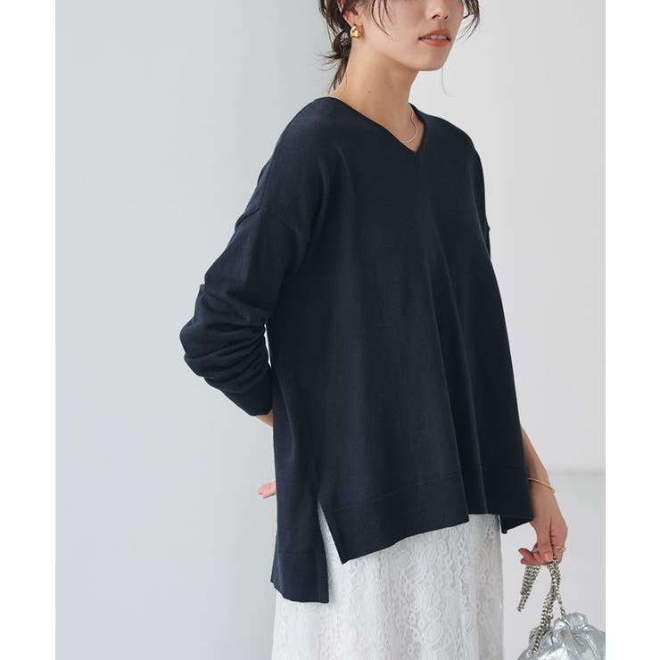 ネイビー | ネックが選べるコットンミックスオーバーニット ニット 綿混 | Pierrot