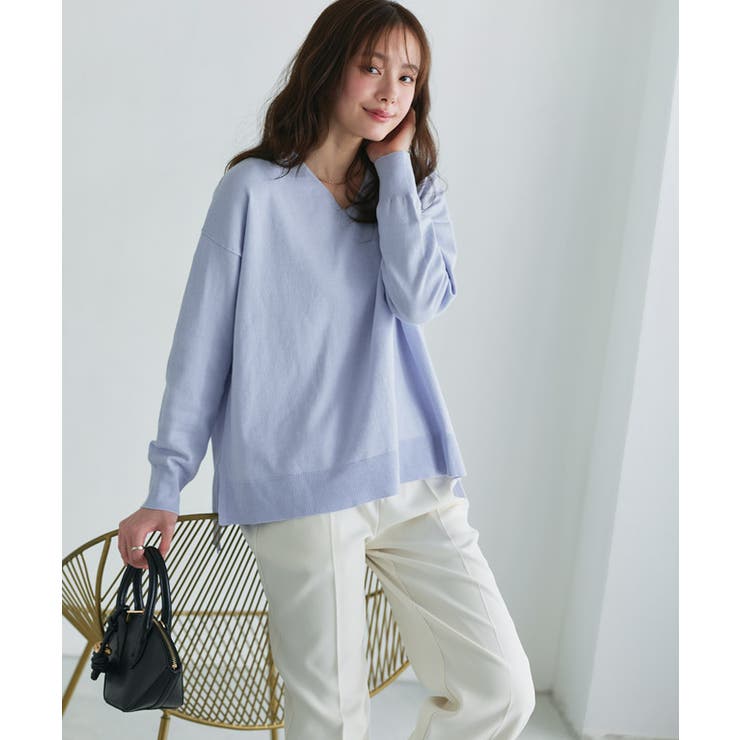 アッシュブルー | ネックが選べるコットンミックスオーバーニット ニット 綿混 | Pierrot