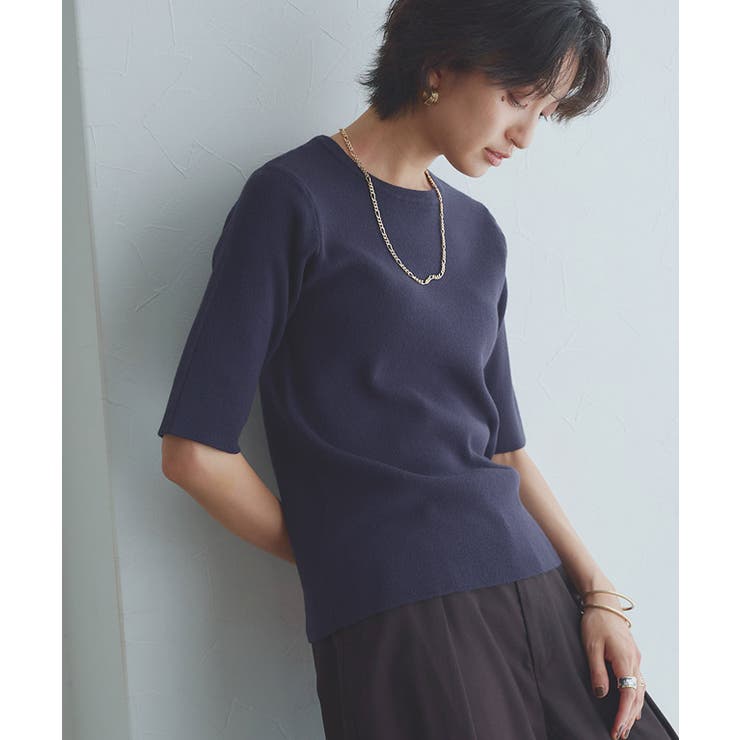 ダークネイビー | [RASW]ビスコース半袖リブニット ニット 半袖 | Pierrot