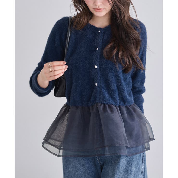 ネイビー | ドッキングショートシャギーニット ニット シャギー | Pierrot