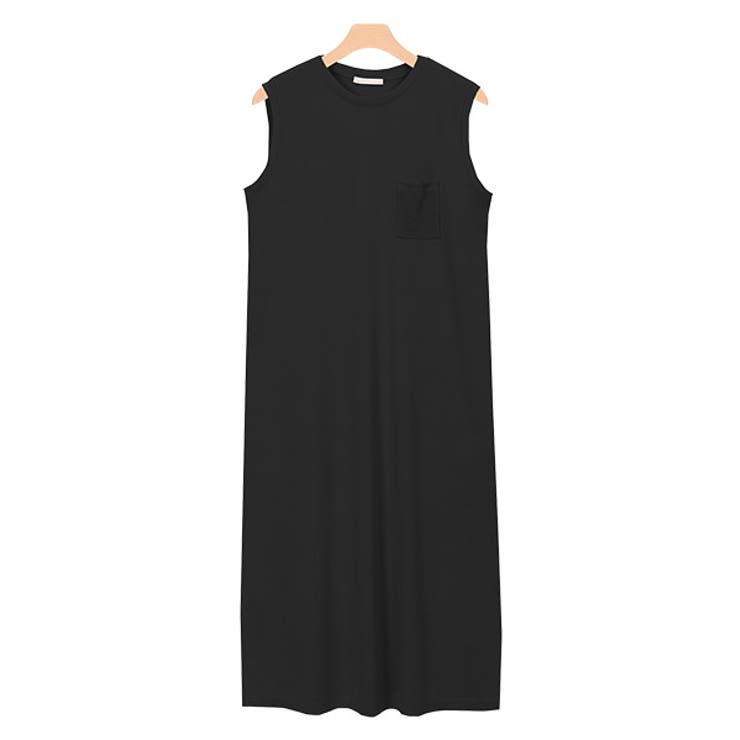 ブラック | ミニポケットロングノースリワンピースワンピース ドレープスパン カットソー | Pierrot
