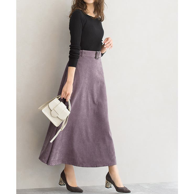 ペールパープル | コーデュロイ フレアスカート スカート フレア ロング丈 ベルト付き | Pierrot
