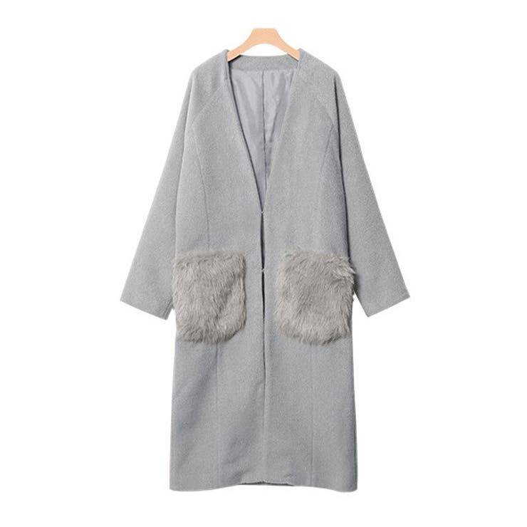 ファーポケット付き ノーカラーコートコート ノーカラーコート