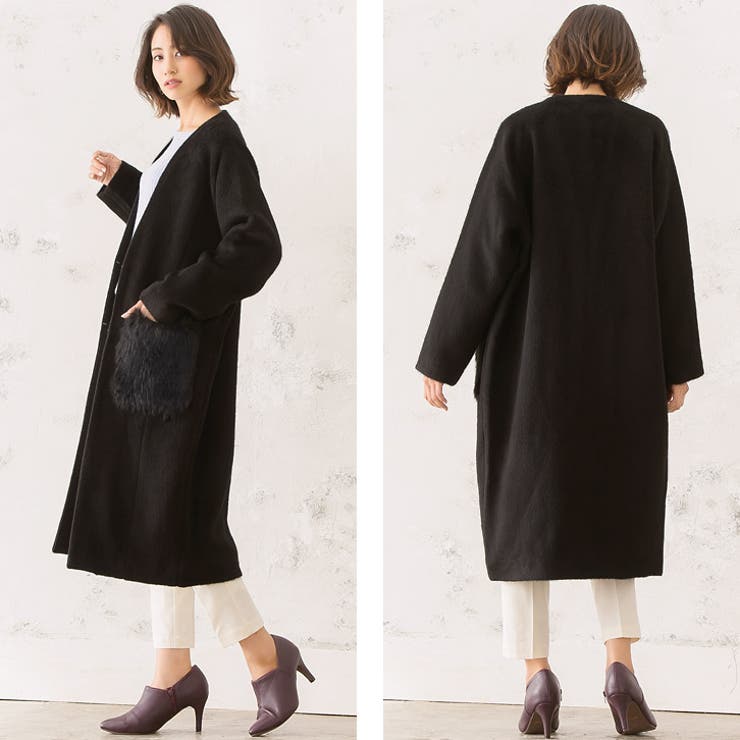ファーポケット付き ノーカラーコートコート ノーカラーコート