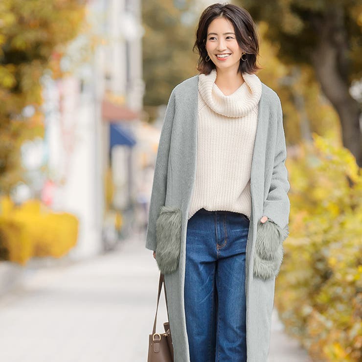 Bluelea ブルレア　ファーポケットコート ノーカラーコート グレー ファーポケット付き ノーカラーコートコート ノーカラーコート