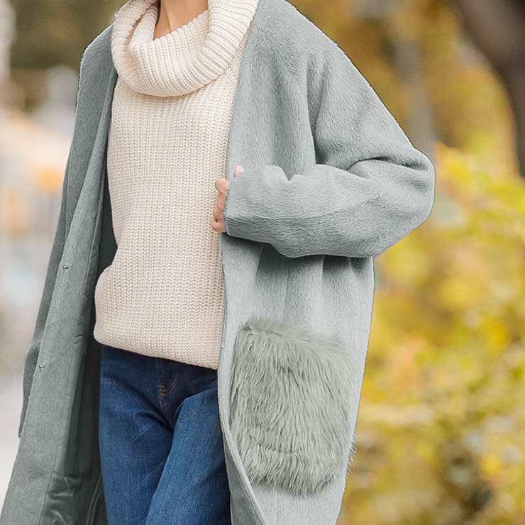 ファーポケット付き ノーカラーコートコート ノーカラーコート