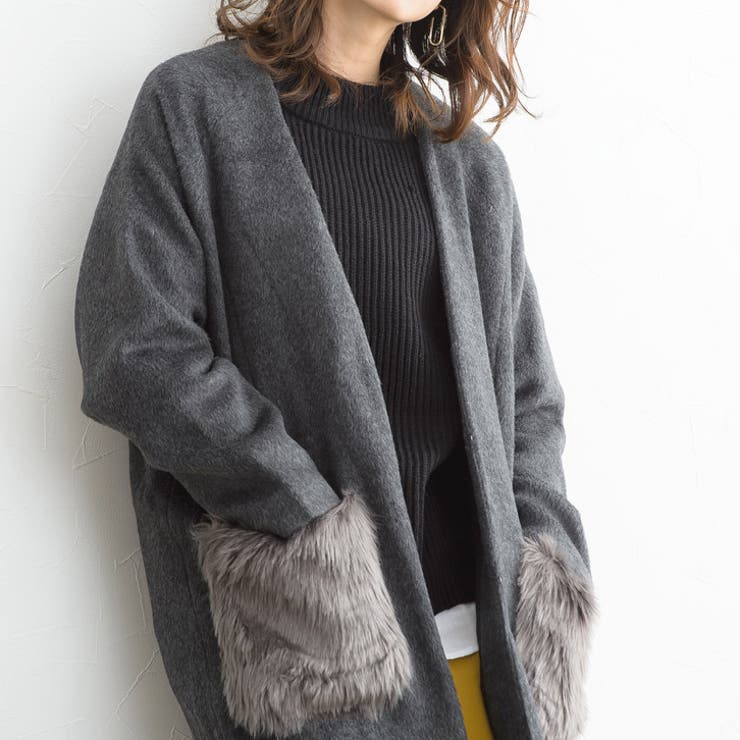 ファーポケット付き ノーカラーコートコート ノーカラーコート