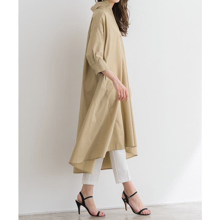 美品　エブール　ノーカラー　ロング　コート　シャツ　ワンピース　ベルト　Aライン ネルウエストギャザーシャツワンピース ワンピース レディース