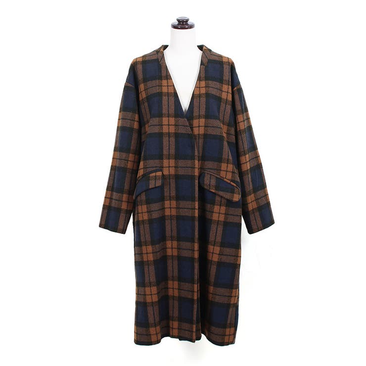 ウール混ノーカラーチェックコート ロングアウター ロングコート