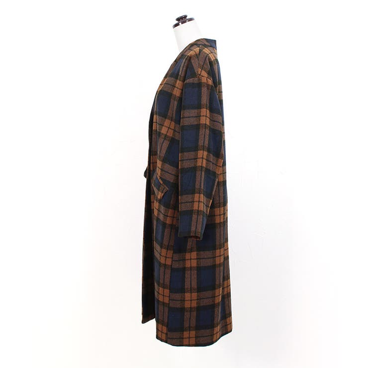 ウール混ノーカラーチェックコート ロングアウター ロングコート