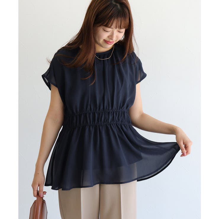 ネイビー | 【機能インナー付き】ウエストシャーリングシフォンブラウス ブラウス ドッキング | Pierrot