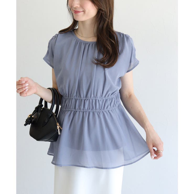 スモークブルー | 【機能インナー付き】ウエストシャーリングシフォンブラウス ブラウス ドッキング | Pierrot