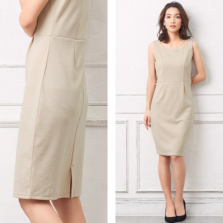 グレージュ | 大人可愛くスタイルUP！ノースリーブタック入り タイトワンピースポンチ素材 | Pierrot