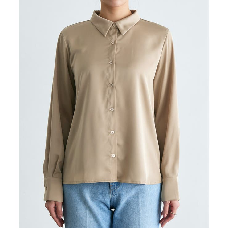マットサテン＊メタルボタン Vネックブラウス ブロンズベージュ36 マットサテンシンプルシャツ シャツ マットサテン[品番：PRTW0004647