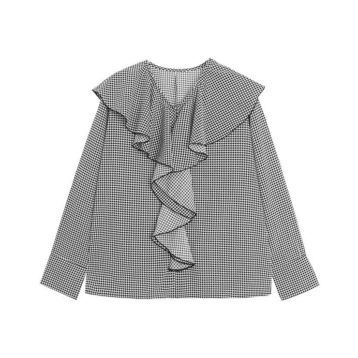 ブラック | 千鳥柄フリルブラウス 千鳥柄 フリル | Pierrot