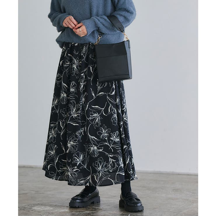 ブラック | 花柄ギャザーフレアスカート スカート フレア | Pierrot