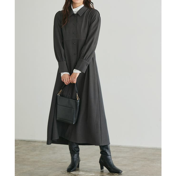 襟付きクルミボタンフレアワンピース クルミボタン ワンピース[品番  