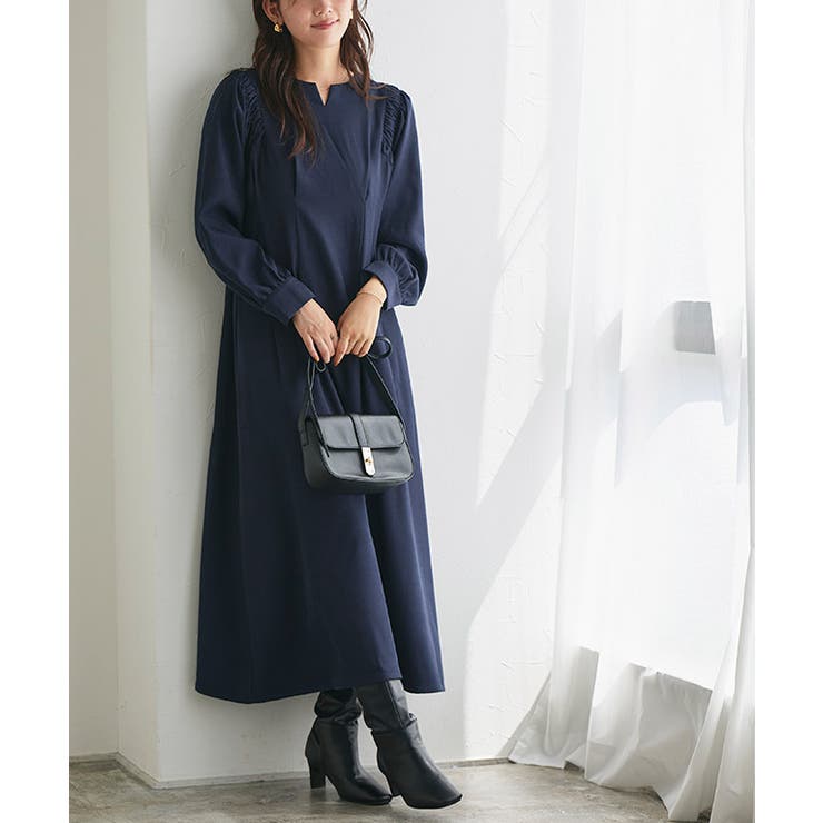 ウエストタックキーネックワンピース タック キーネック[品番