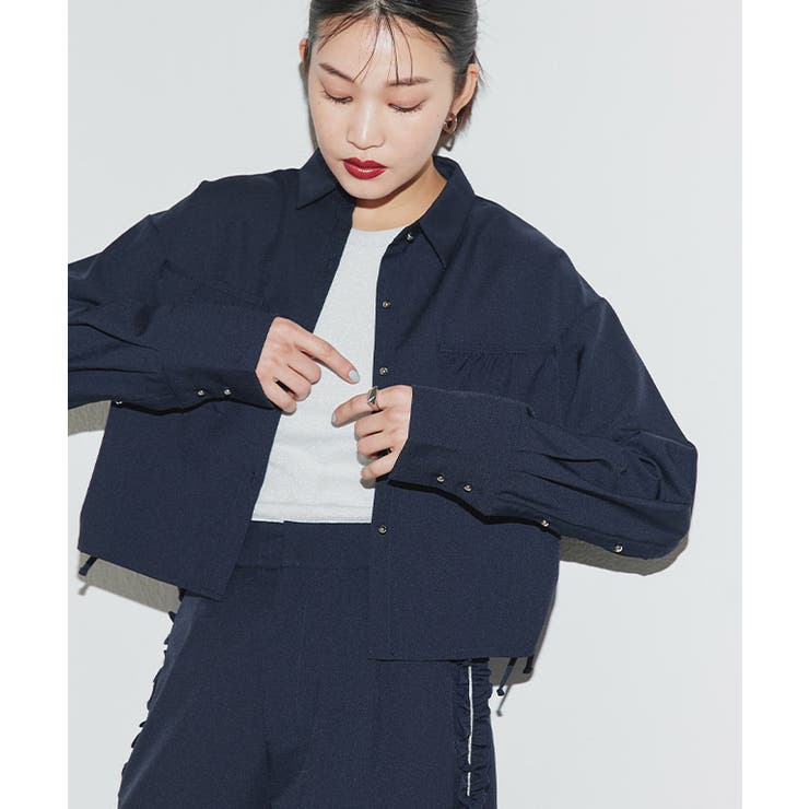 ネイビー | [ECLAM]サイドドロストクロップドシャツ シャツ ドロストデザイン | Pierrot