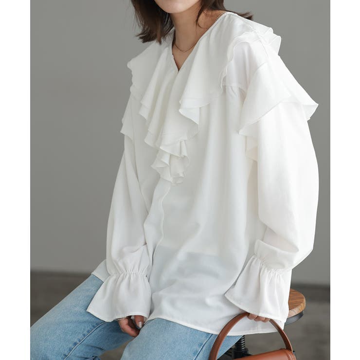 ラッフルカラーチュニックブラウス ブラウス チュニック丈[品番 ラッフルカラーチュニックブラウス ブラウス チュニック丈[品番