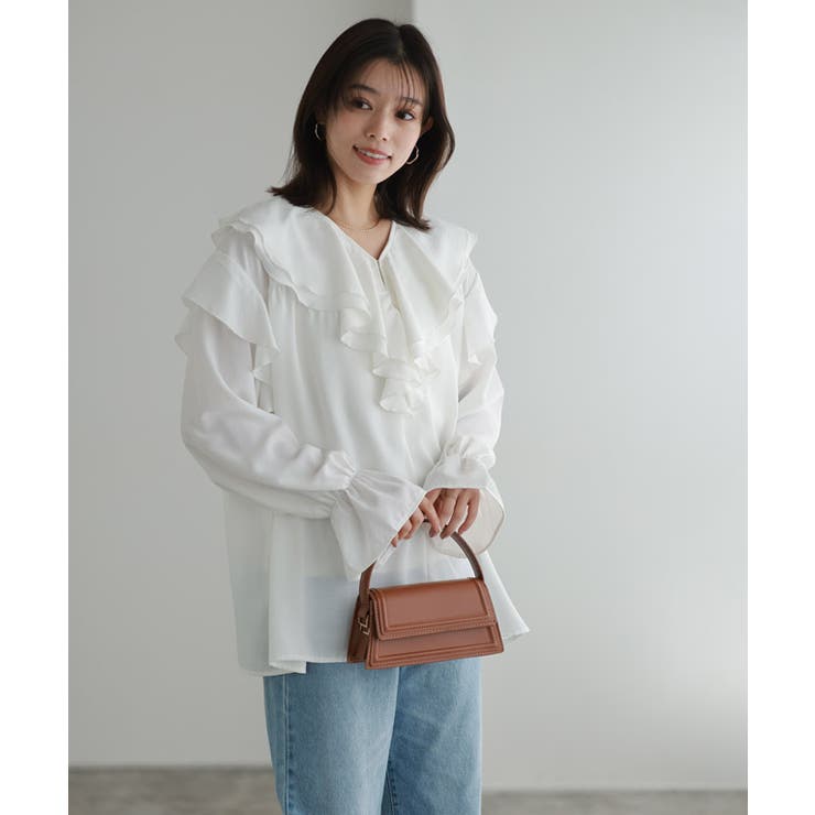 ラッフルカラーチュニックブラウス ブラウス チュニック丈[品番 ラッフルカラーチュニックブラウス ブラウス チュニック丈[品番