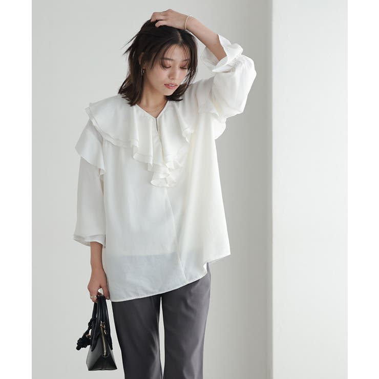 ラッフルカラーチュニックブラウス ブラウス チュニック丈[品番