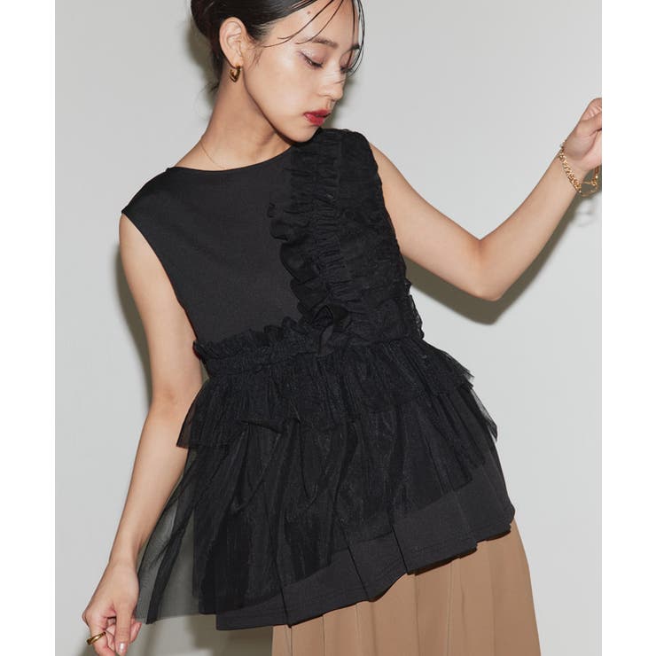 ブラック×ブラック | [ECLAM]チュールデザインプルオーバー カットソー チュールデザイン | Pierrot