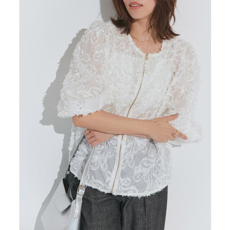 オフホワイト | 2wayジャカードジップボリュームブラウス ブラウス フラワージャカード | Pierrot