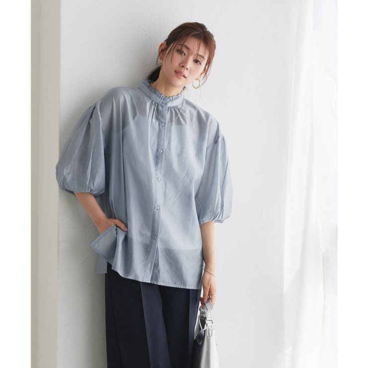 スモークブルー | フリルネックシアーブラウス ブラウス シアー | Pierrot