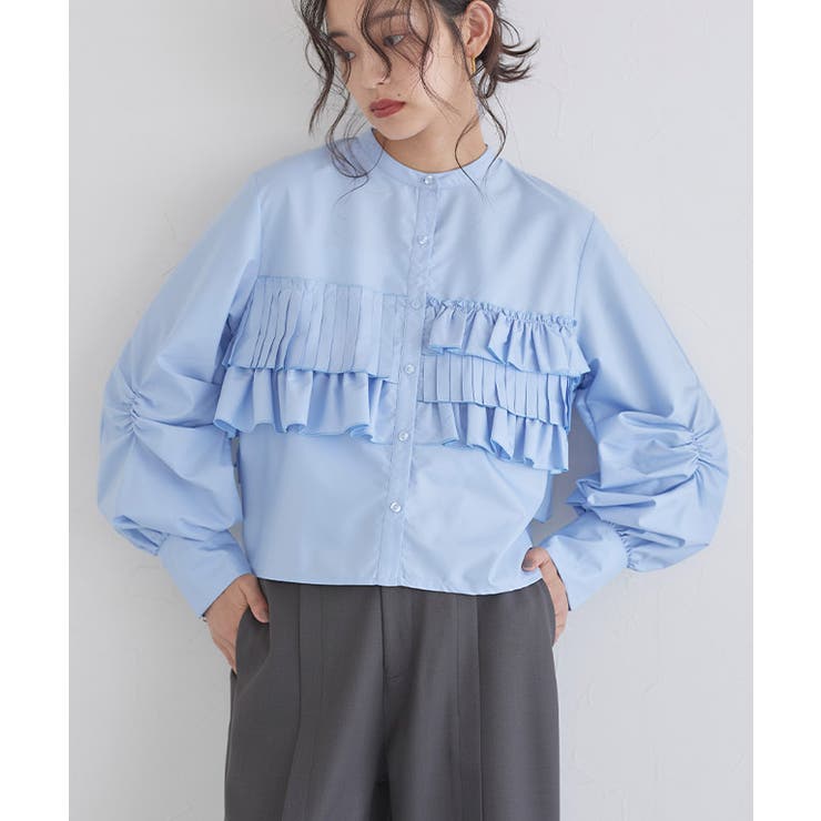 ブルー | [ECLAM] プリーツフリルブラウス ブラウス | Pierrot