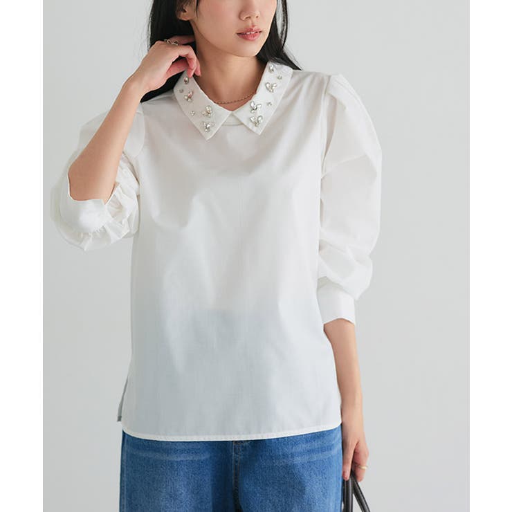 オフホワイト | ビジュー襟ボリュームスリーブブラウス ブラウス ビジュー | Pierrot