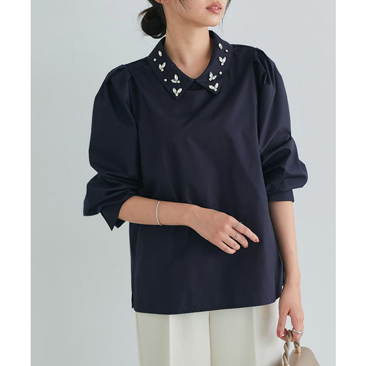 ネイビー | ビジュー襟ボリュームスリーブブラウス ブラウス ビジュー | Pierrot