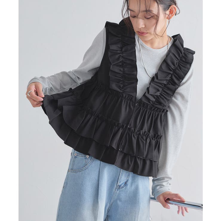 ブラック | [ECLAM]フリルギャザーベスト フリル 肩 | Pierrot