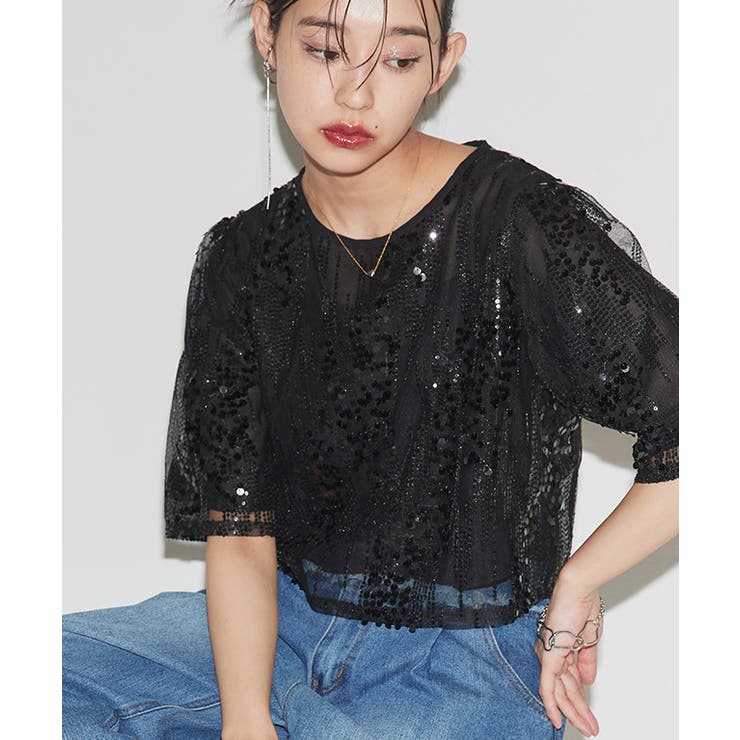 ブラック | [ECLAM] スパンコールクロップドブラウス ブラウス | Pierrot