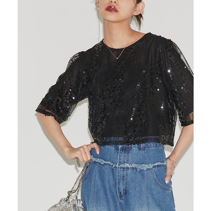[ECLAM] スパンコールクロップドブラウス ブラウス | Pierrot | 詳細画像11 
