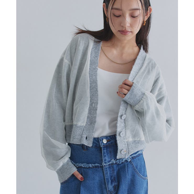 ライトグレー×アイボリー | [ECLAM] チュールレイヤードニットカーディガン カーディガン | Pierrot