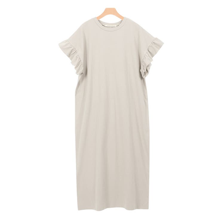 ライトグレージュ | フリルロングワンピース フリル 袖コン スリット ロング 膝下 半袖 | Pierrot