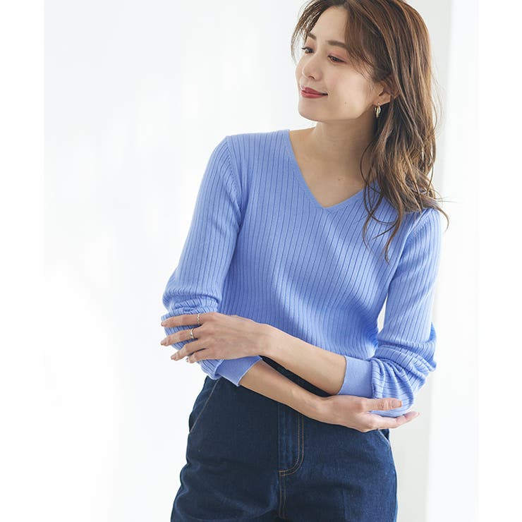 ブルー | Vネックシルクタッチウォッシャブルリブニット ニット シルクタッチ | Pierrot