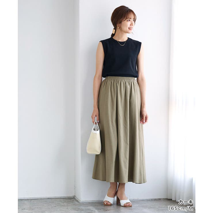 【ピヨ子】Plage　リネン混セットアップ　ジレ＆ロングスカート　グレー系 リネン混ギャザーロングスカート スカート ロング[品番
