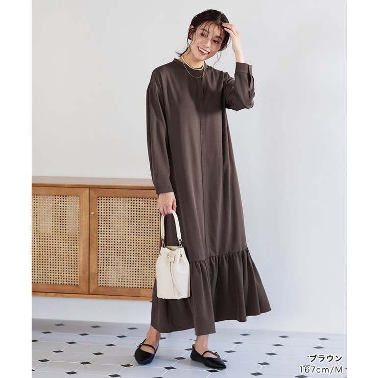 ワンピース　グリーン　Mサイズ　新品 バンドカラー裾切り替えワンピース ワンピース ワンピ[品番