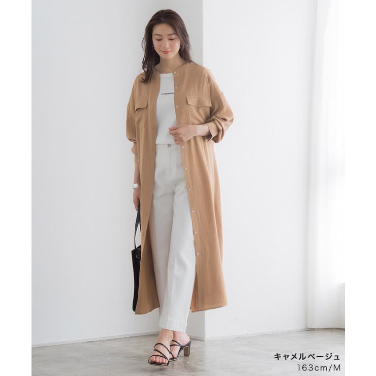 ノーカラーロングシャツワンピース シャツワンピース シャツ