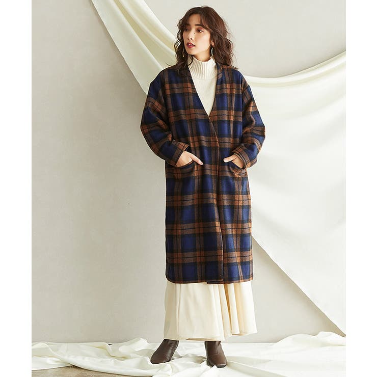 ウール混ノーカラーチェックコート ロングアウター ロングコート