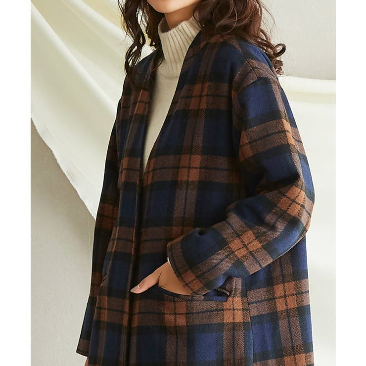 ウール混ノーカラーチェックコート ロングアウター ロングコート