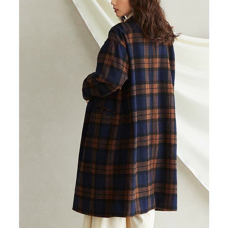 ウール混ノーカラーチェックコート ロングアウター ロングコート