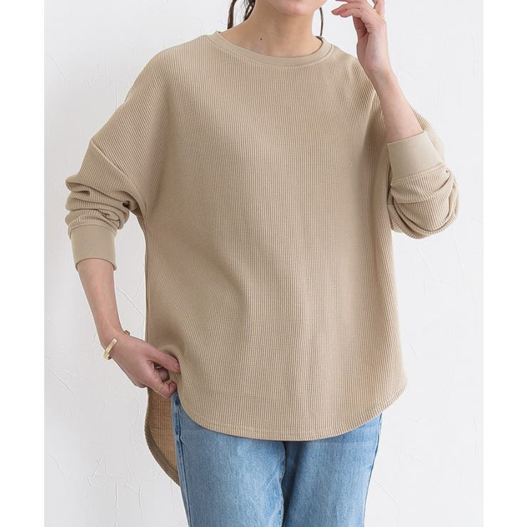 コットワッフルプルオーバー◆ベージュ セール】フェイクレイヤード ワッフル プルオーバー/ロンT（Tシャツ