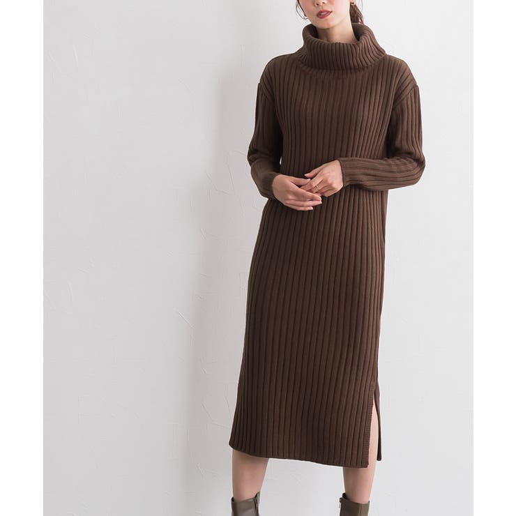 ブラウン | 選べる2ネックリブニットワンピース ワンピース リブ リブニット リブワンピ | Pierrot