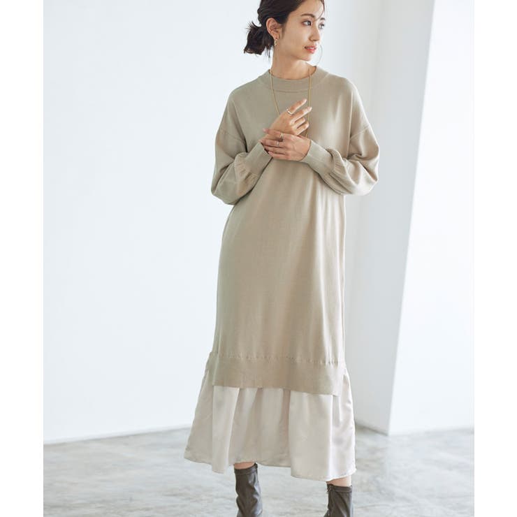 サテンドッキングニットワンピース ワンピース  サテン[品番：PRTW0003112]｜Pierrot（ピエロ）のレディースファッション通販｜SHOPLIST（ショップリスト）