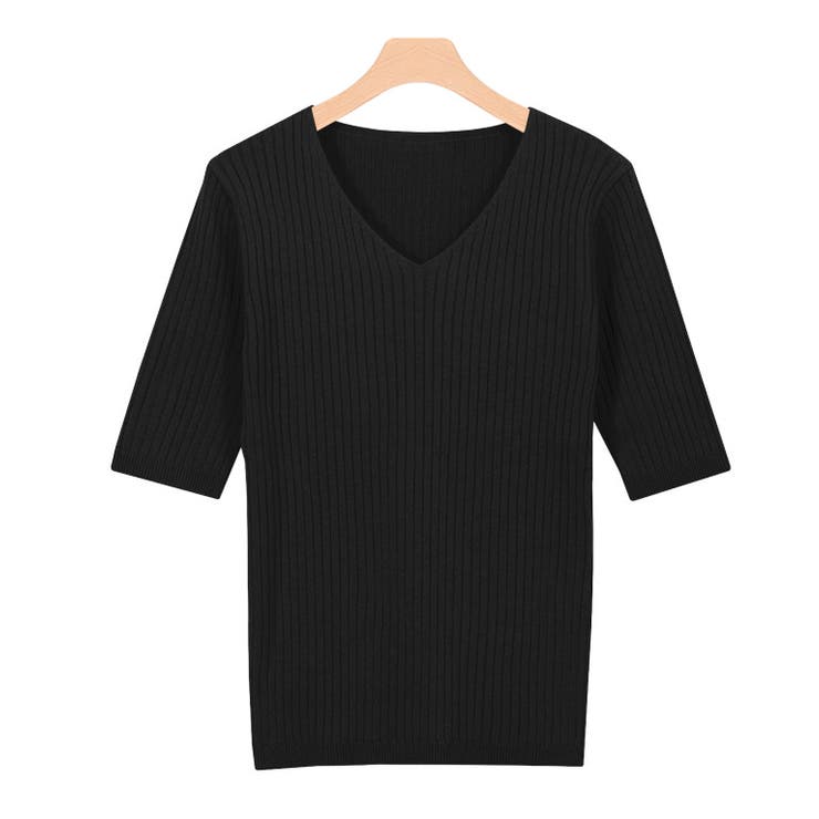 ブラック | 選べるネック綿混半袖リブニット リブニット セーター ニット Vネック ボート | Pierrot