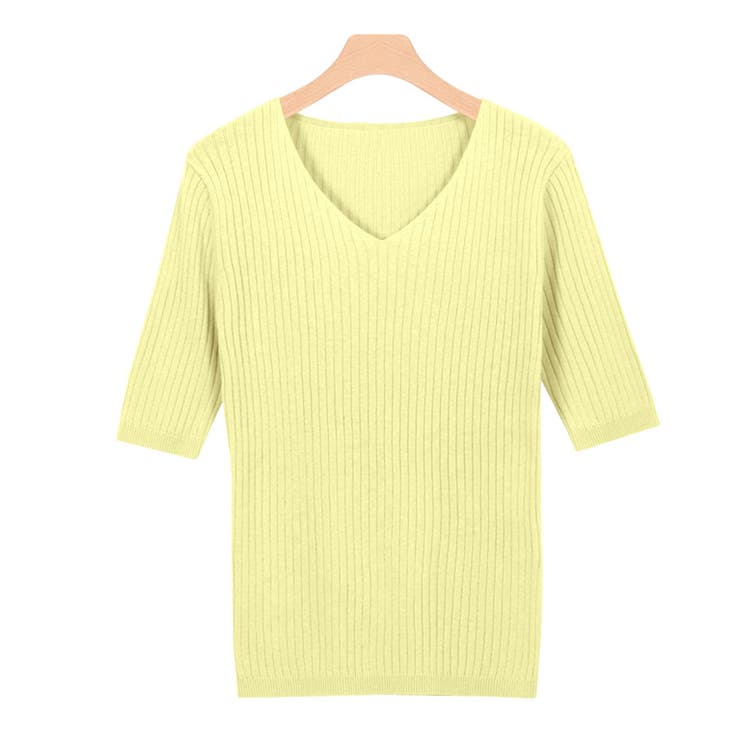 ダスティイエロー | 選べるネック綿混半袖リブニット リブニット セーター ニット Vネック ボート | Pierrot